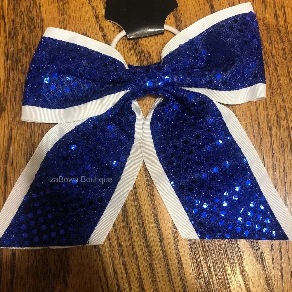 White & Blue Sequin Cheer Bow  SCBLU   Handmade NWT Boutique